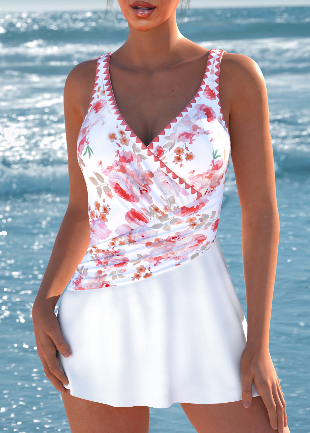 White swimwear,Red swimwear,Floral swimwear,Plants swimwear,ROTITA Surplice White Floral Print One Piece Swimdress