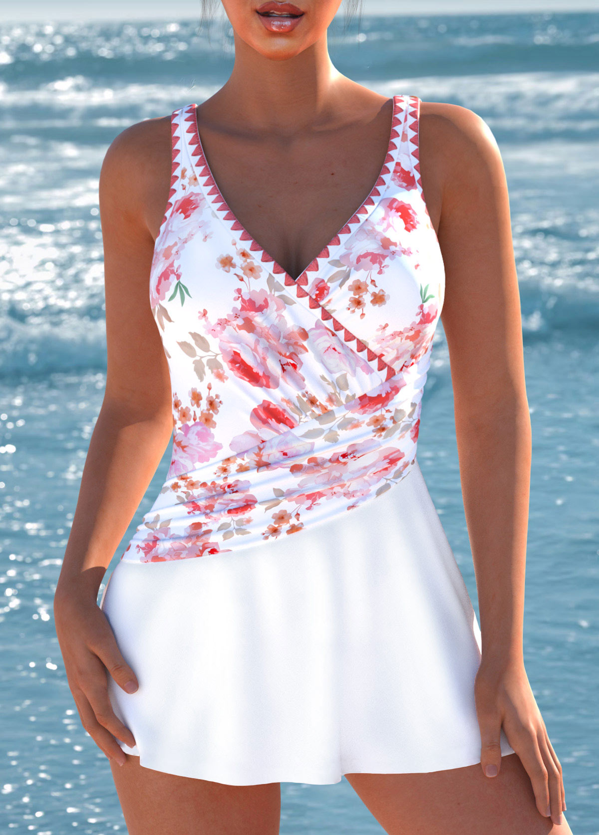 White swimwear,Red swimwear,Floral swimwear,Plants swimwear,ROTITA Surplice White Floral Print One Piece Swimdress