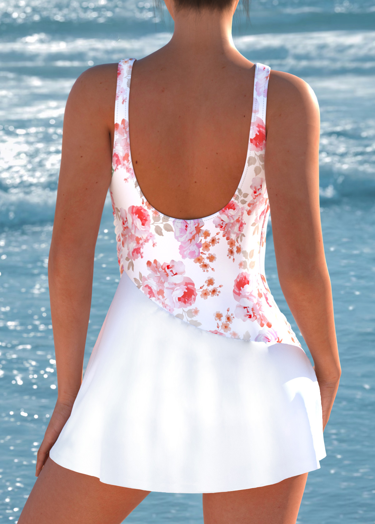 White swimwear,Red swimwear,Floral swimwear,Plants swimwear,ROTITA Surplice White Floral Print One Piece Swimdress
