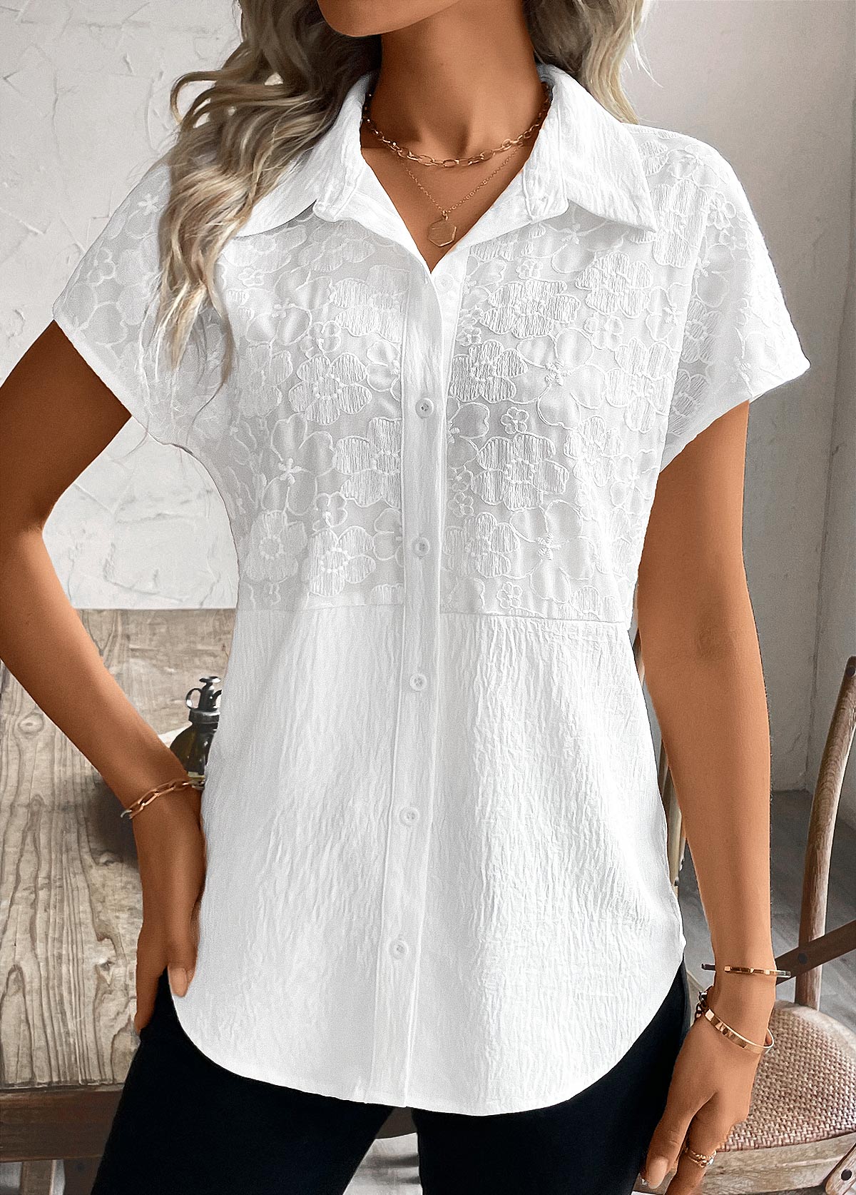 rotita patchwork chemisier blanc col chemise manches courtes