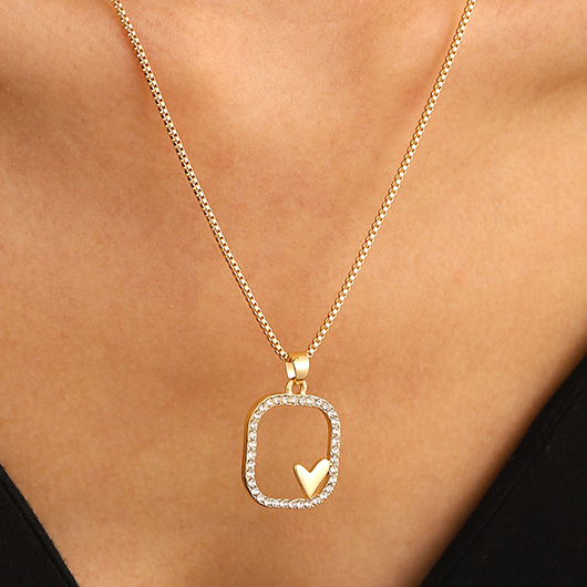 Heart Detail Rhinestone Golden Alloy Necklace