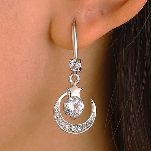 Silvery White jewelry,Plain Color jewelry,Moon Rhinestone Silvery White Alloy Earrings