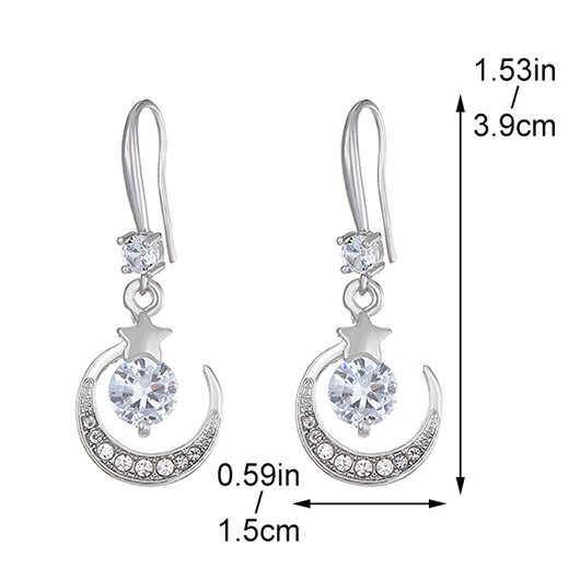 Silvery White jewelry,Plain Color jewelry,Moon Rhinestone Silvery White Alloy Earrings