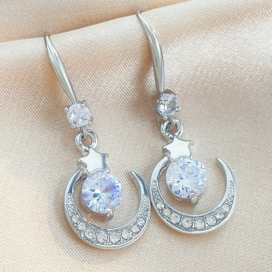 Silvery White jewelry,Plain Color jewelry,Moon Rhinestone Silvery White Alloy Earrings