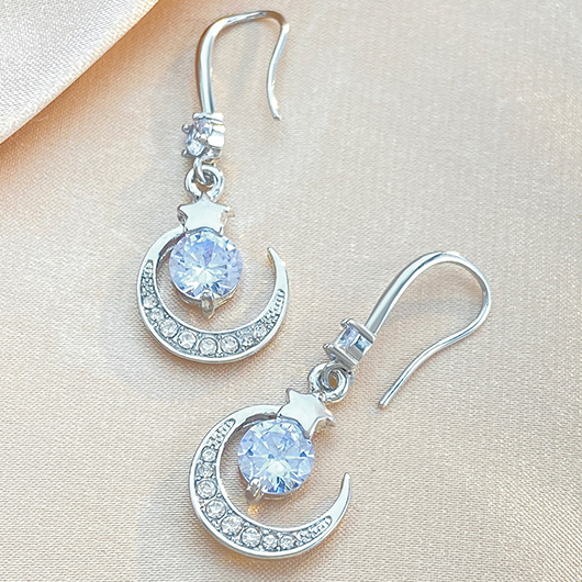 Silvery White jewelry,Plain Color jewelry,Moon Rhinestone Silvery White Alloy Earrings