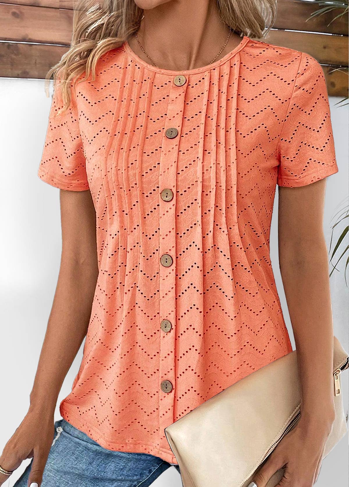 ROTITA Plus Size Tuck Stitch Orange Round Neck T Shirt