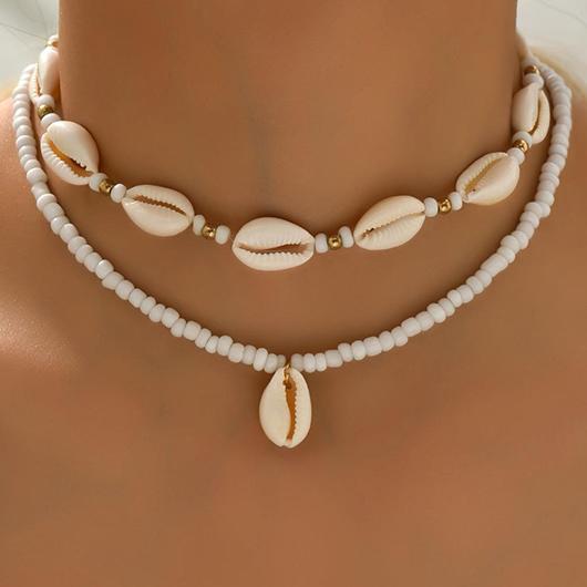 Beaded Seashell Design White Necklace Set
