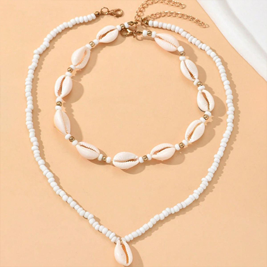 White jewelry,Beige jewelry,Contrast Color jewelry,Beaded Seashell Design White Necklace Set