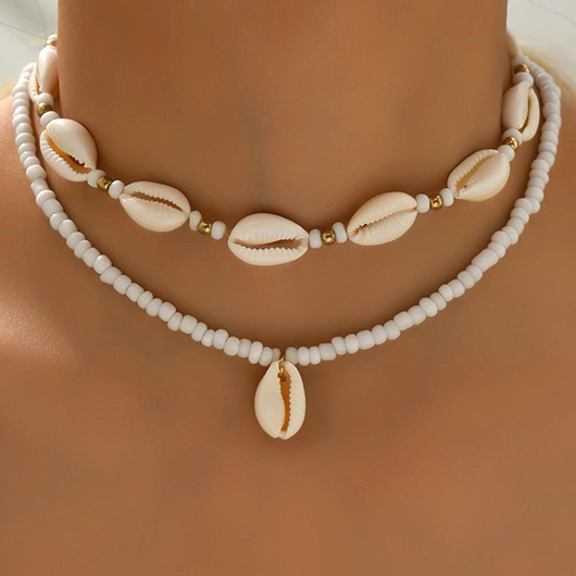 White jewelry,Beige jewelry,Contrast Color jewelry,Beaded Seashell Design White Necklace Set