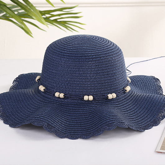 chapeau de paille à ourlet festonné en perles bleu marine
