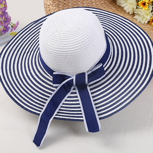 Striped Contrast Binding Bowknot Detail Navy Hat