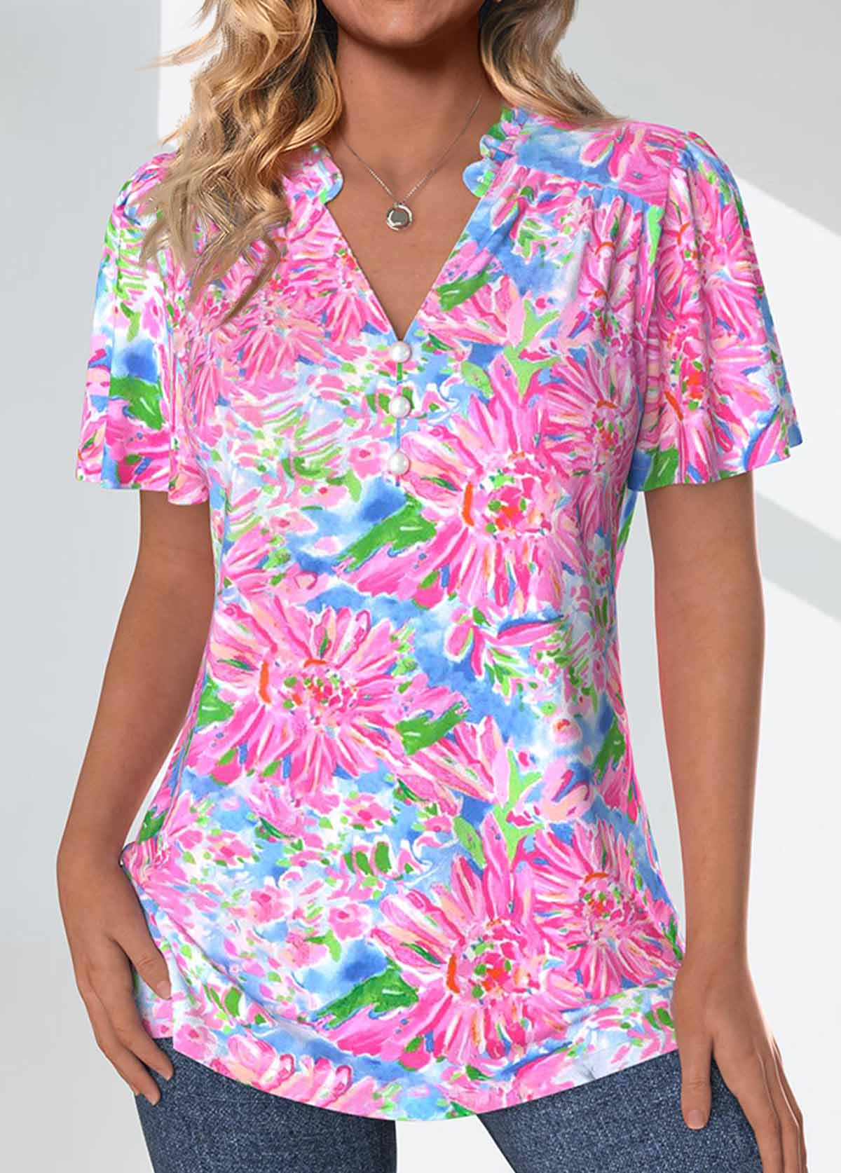 Neon Pink tops,Floral tops,Plants tops,ROTITA Frill Floral Print Neon Pink V Neck Blouse