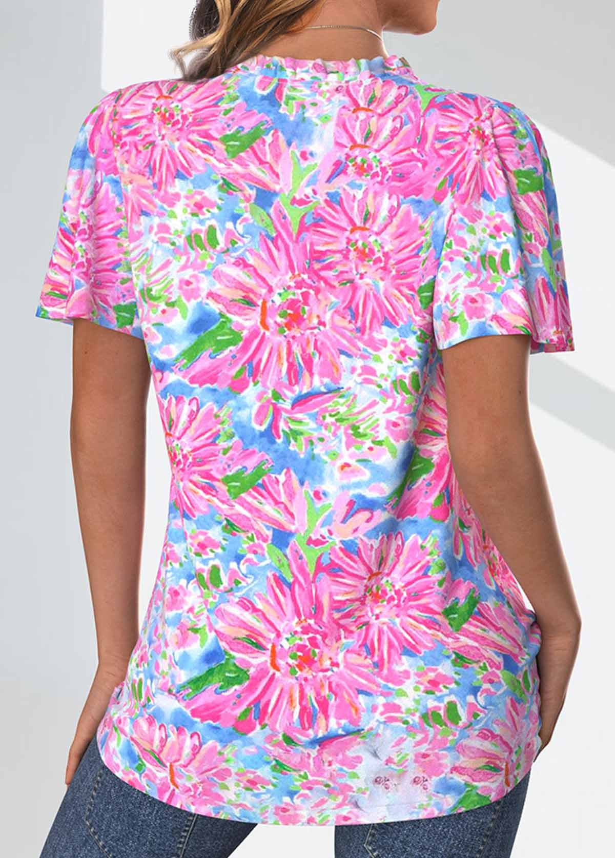 Neon Pink tops,Floral tops,Plants tops,ROTITA Frill Floral Print Neon Pink V Neck Blouse