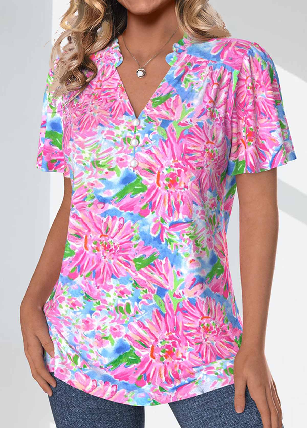 Neon Pink tops,Floral tops,Plants tops,ROTITA Frill Floral Print Neon Pink V Neck Blouse