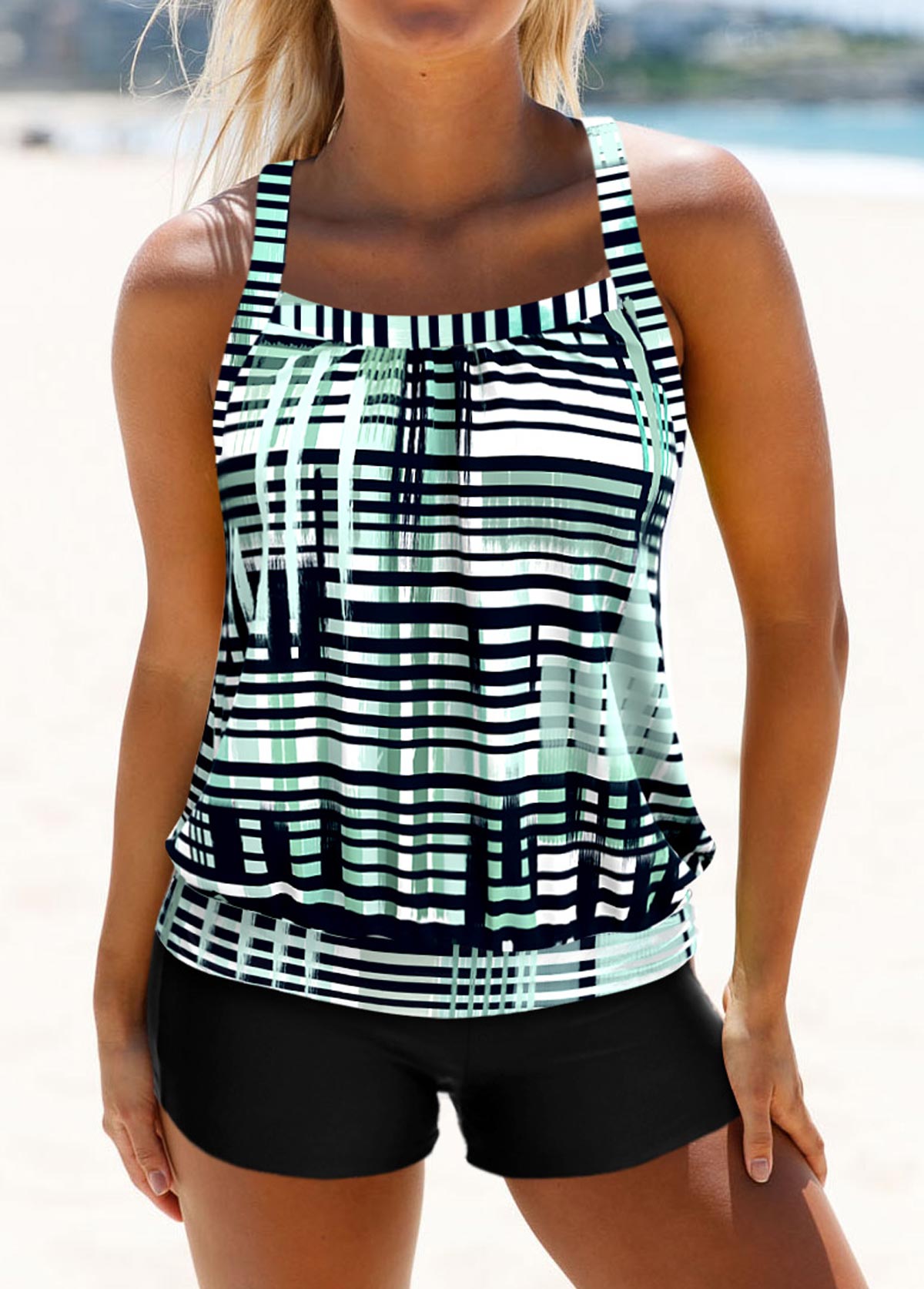 ROTITA Criss Cross Mint Green Geometric Print Tankini Top-No Bottom