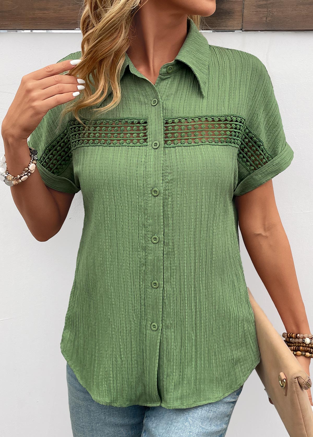 Patchwork Green Shirt Collar Short Sleeve Blouse