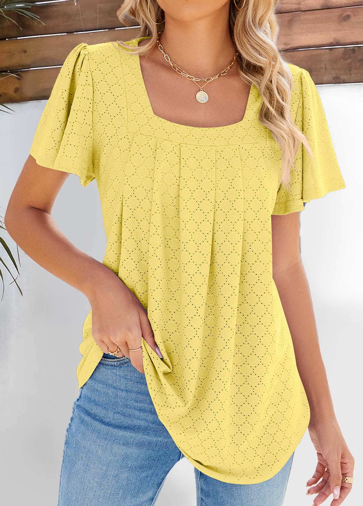 Pleated Light Yellow Square Neck Short Sleeve Blouse