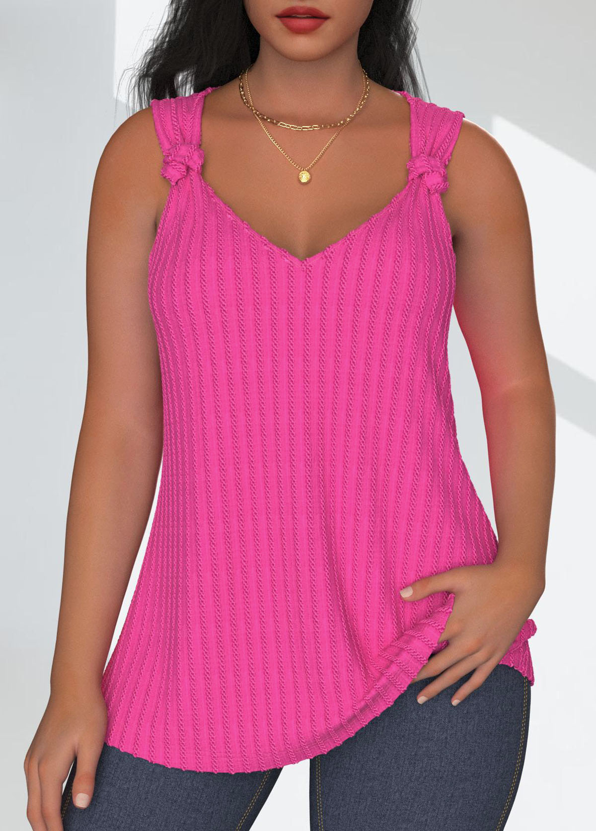 Hot Pink tops,Plain Color tops,ROTITA Twist Hot Pink V Neck Sleeveless Tank Top