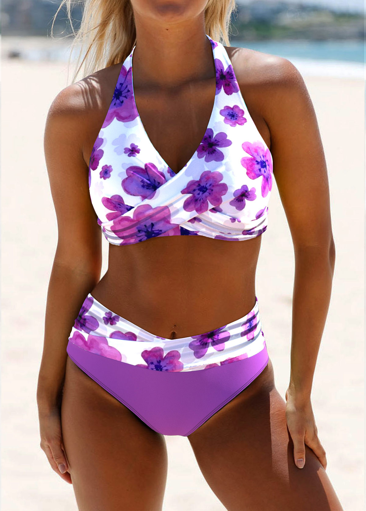 ROTITA Criss Cross Purple Floral Print Bikini Set