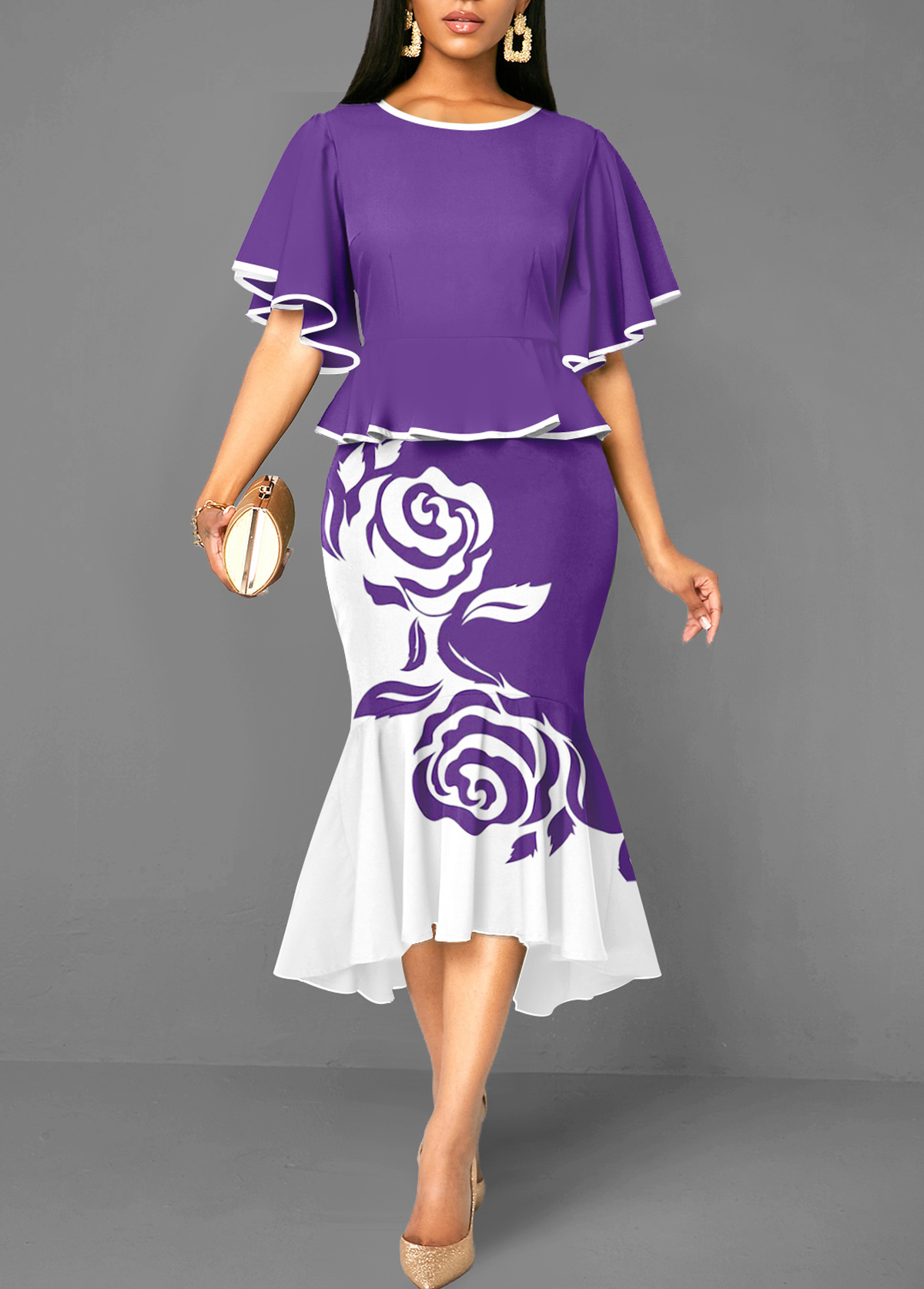 Rotita - Robe moulante violette à imprimé floral et sirène haute et basse