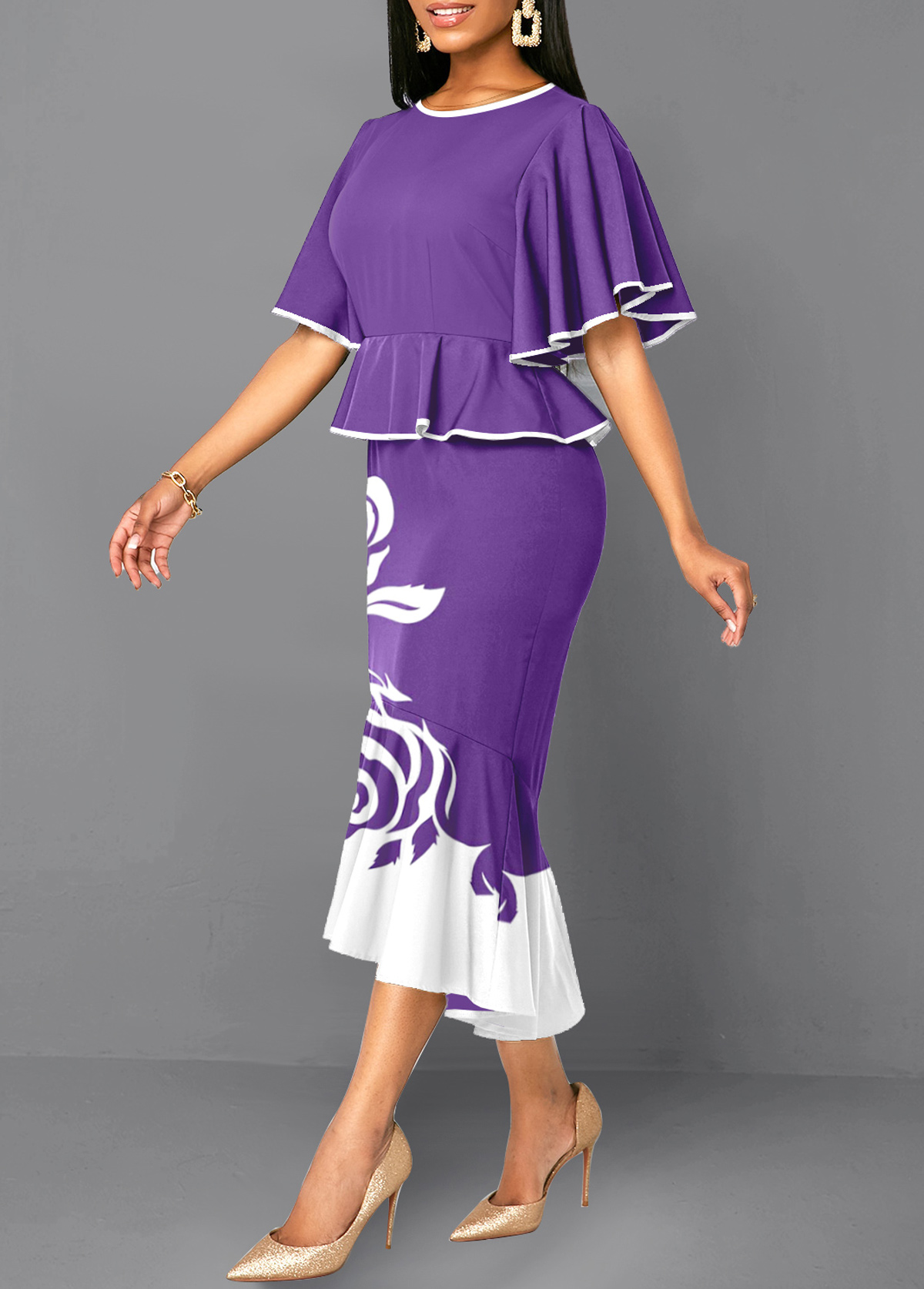 Purple dresses,White dresses,Floral dresses,Plants dresses,Party dresses,Elegant dresses,ROTITA Mermaid Floral Print Purple High Low Bodycon Dress