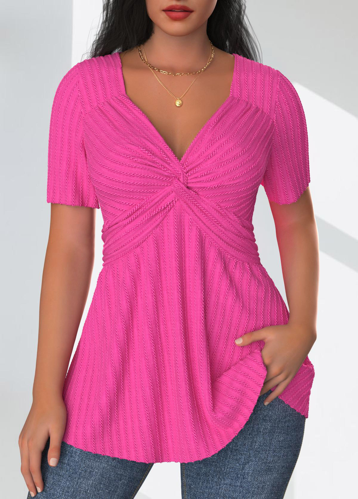 ROTITA Textured Fabric Hot Pink V Neck T Shirt