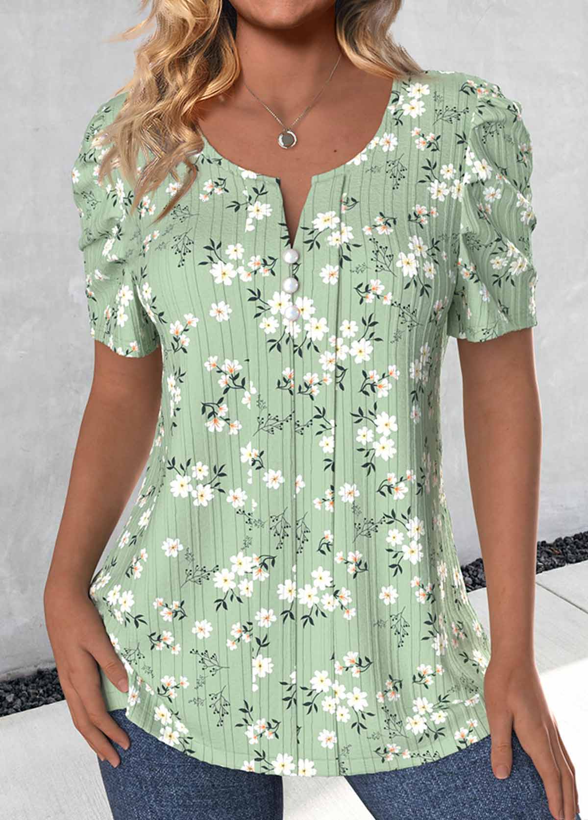 ROTITA Button Ditsy Floral Print Light Green T Shirt