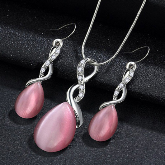 Pink Waterdrop Rhinestone Alloy Earrings and Necklace