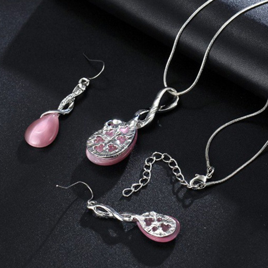 Pink jewelry,Pink Waterdrop Rhinestone Alloy Earrings and Necklace