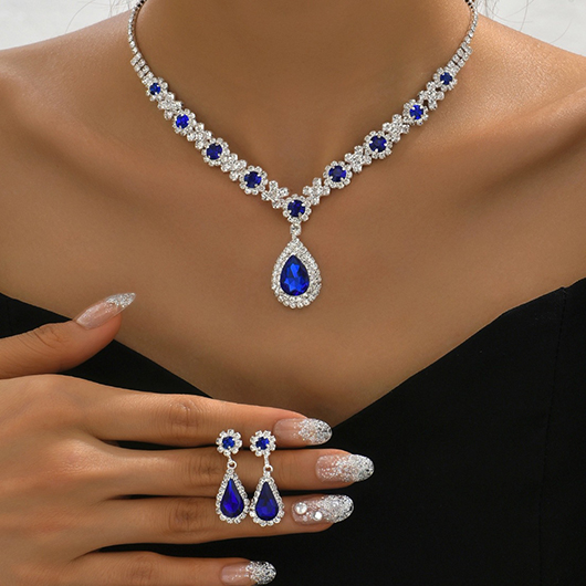 Rhinestone Waterdrop Blue Earrings and Necklace