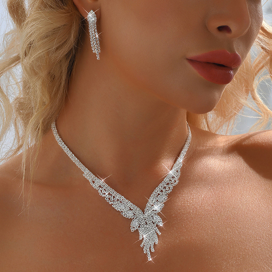 Rhinestone Tassel Silvery White Earrings and Necklace