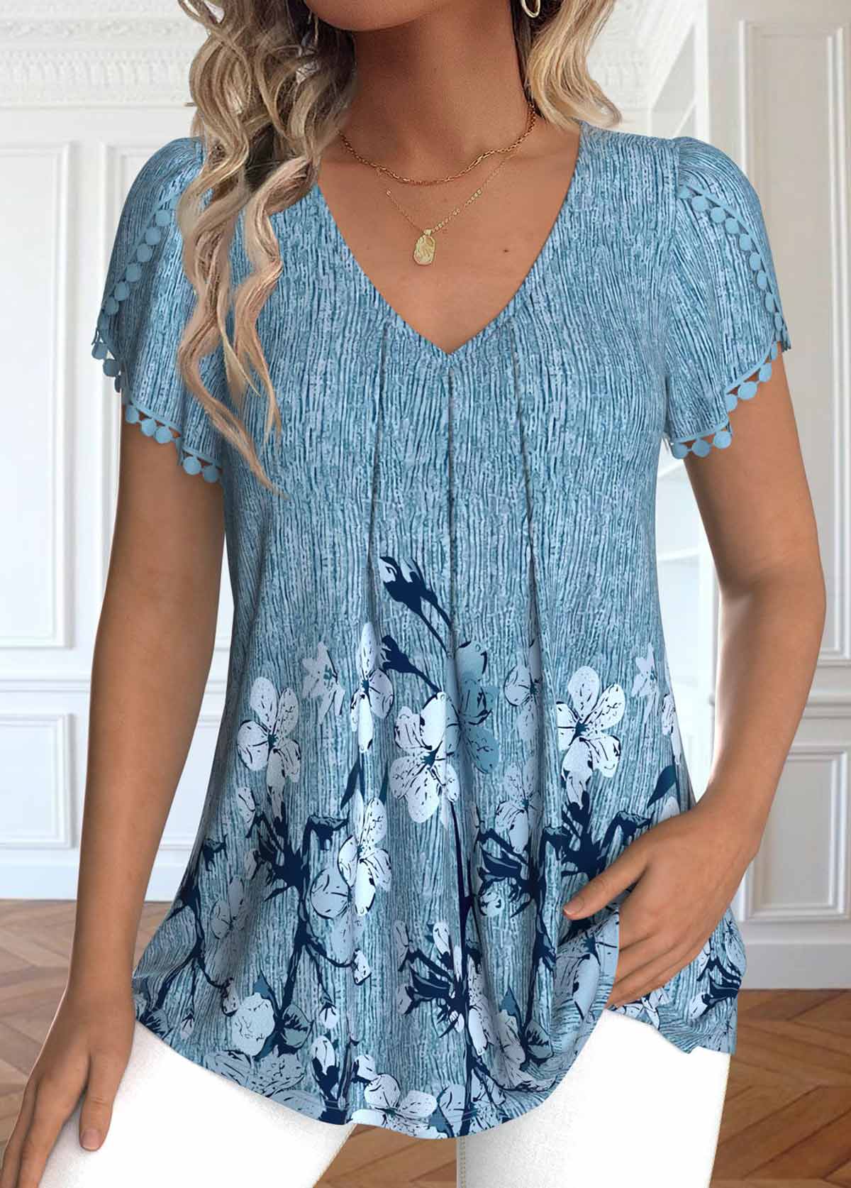 ROTITA Embroidery Floral Print Dusty Blue V Neck T Shirt