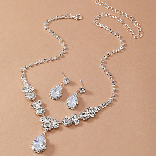 Silvery White jewelry,Plain Color jewelry,Silvery White Teardrop Design Artificial Zircon Earring Set