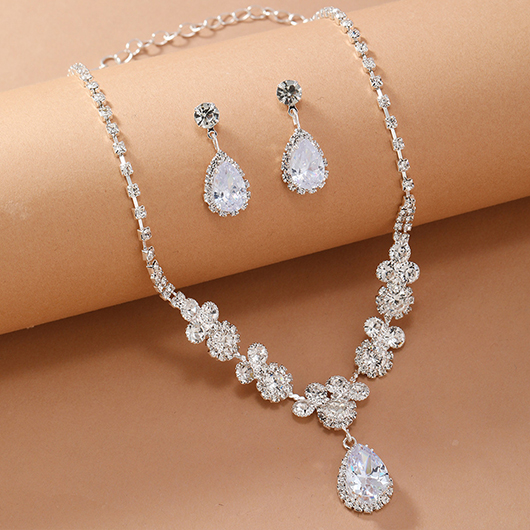 Silvery White jewelry,Plain Color jewelry,Silvery White Teardrop Design Artificial Zircon Earring Set