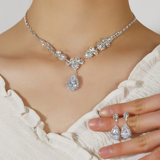 Silvery White jewelry,Plain Color jewelry,Silvery White Teardrop Design Artificial Zircon Earring Set