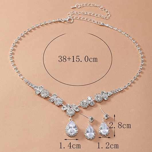 Silvery White jewelry,Plain Color jewelry,Silvery White Teardrop Design Artificial Zircon Earring Set
