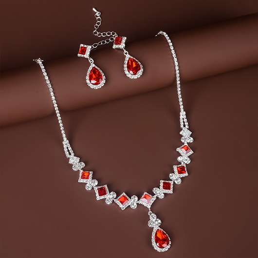 Geometric Waterdrop Rhinestone Red Earrings and Necklace