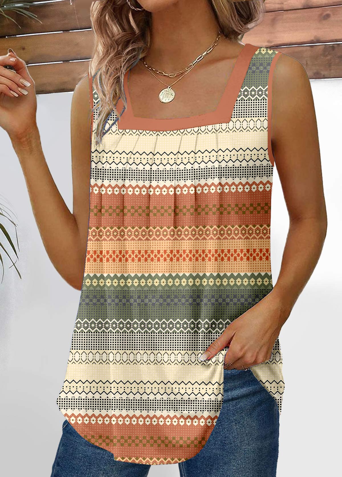Multi Color tops,Striped tops,Geometric tops,Tribal tops,Pleated Striped Multi Color Square Neck Tank Top