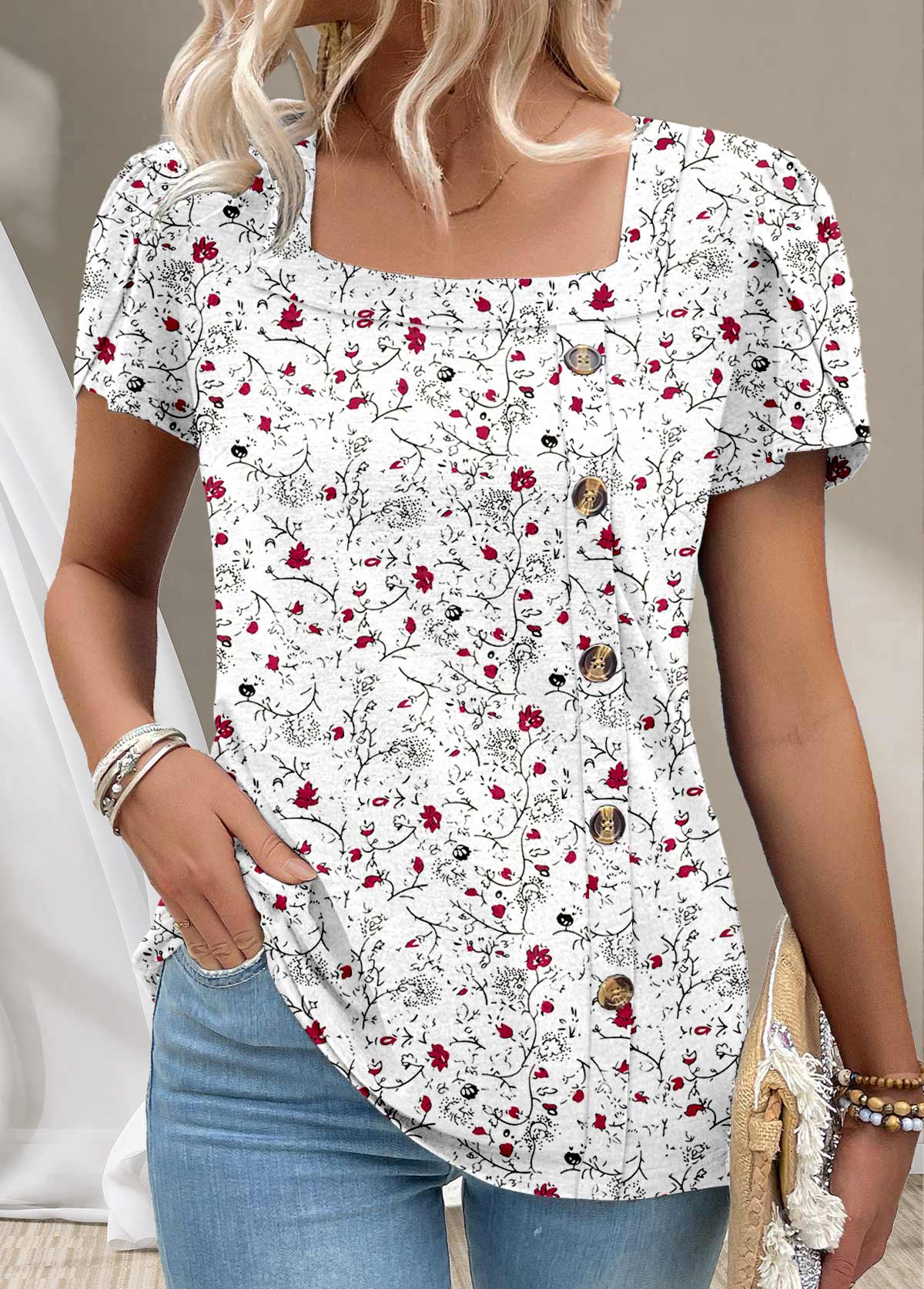 T-shirt blanc à col carré et imprimé floral avec boutons Rotita