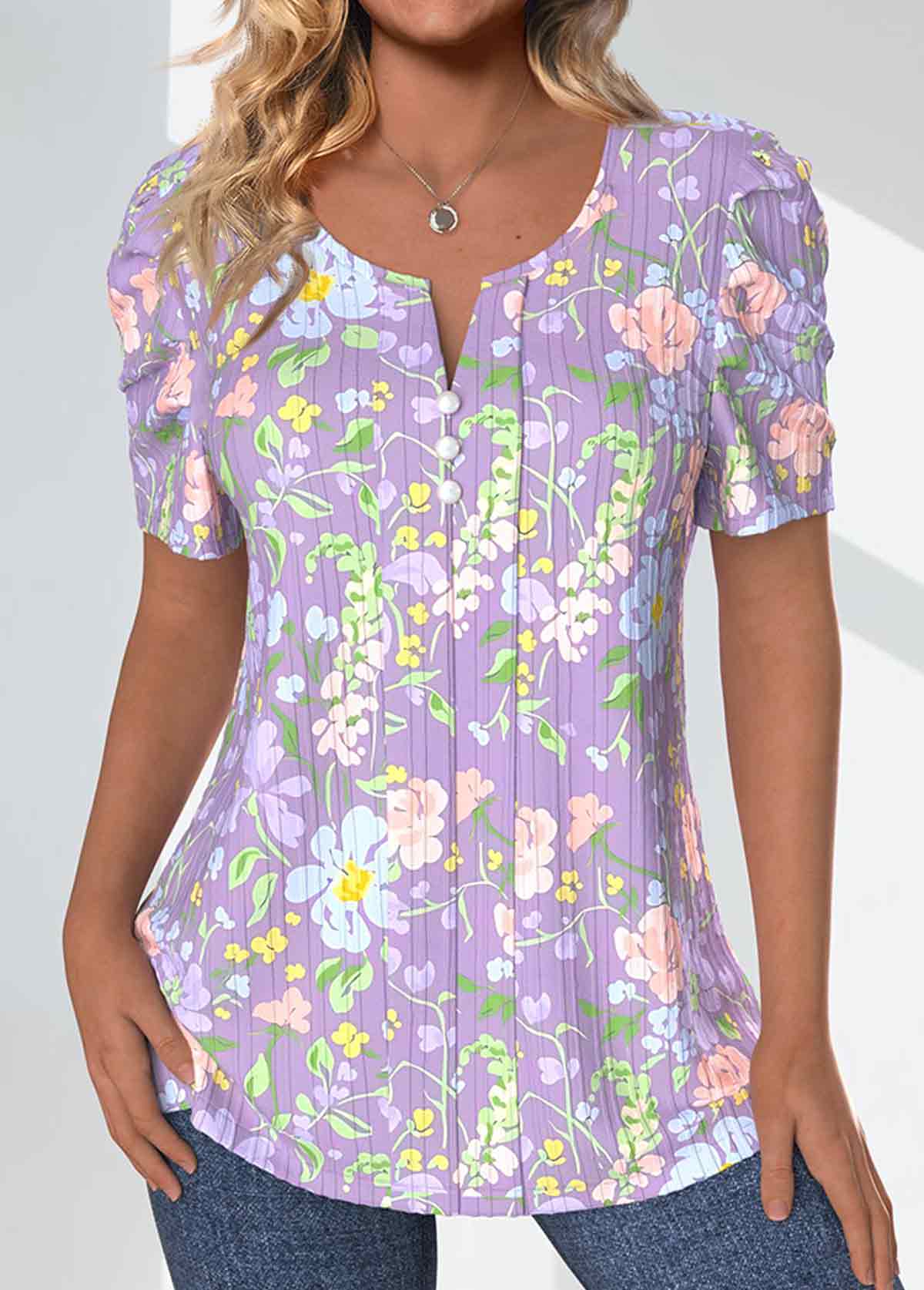 ROTITA Textured Fabric Ditsy Floral Print Light Purple T Shirt