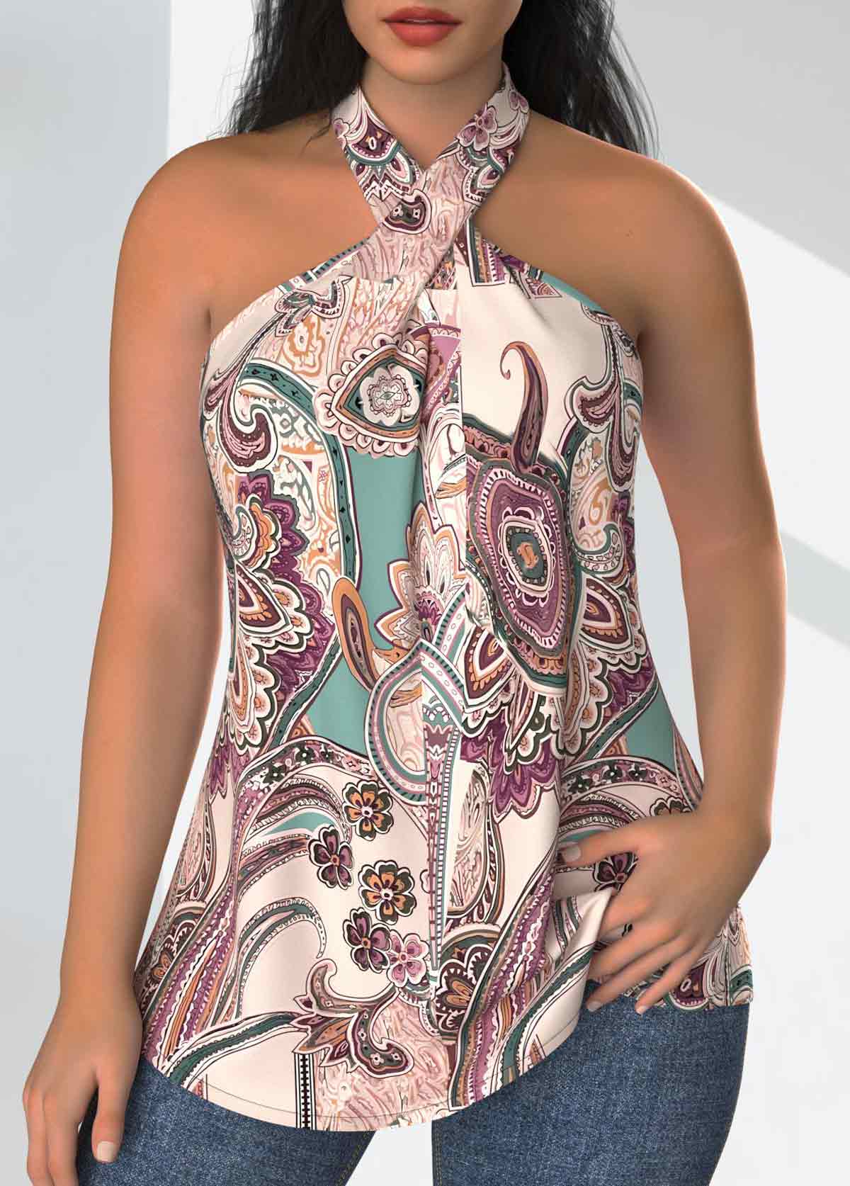 Multi Color tops,Paisley tops,Floral tops,Plants tops,ROTITA Twist Paisley Print Multi Color Cross Collar Tank Top