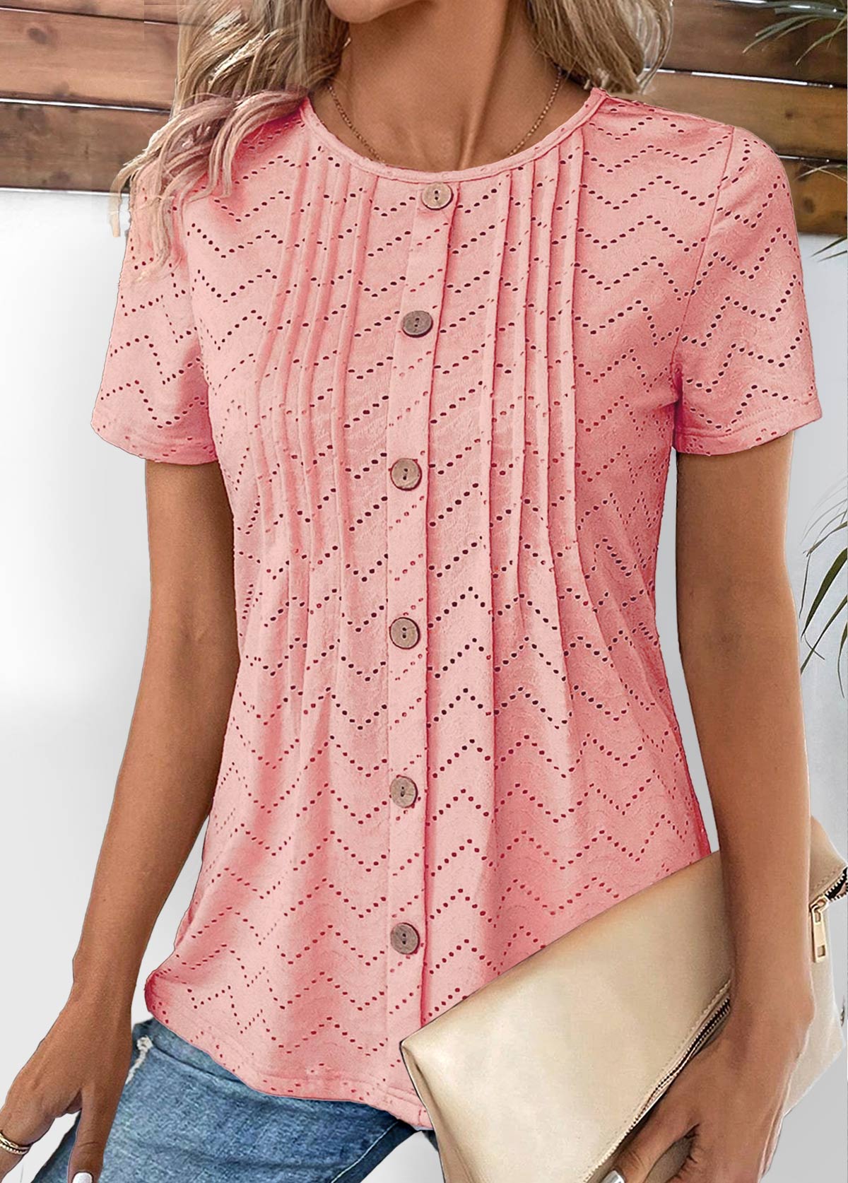 t-shirt rotita tuck stitch rose clair col rond