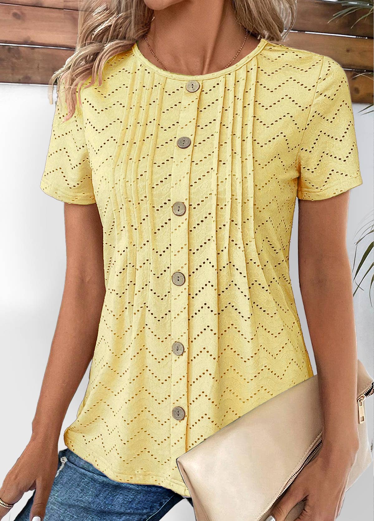 t-shirt col rond jaune clair rotita tuck stitch