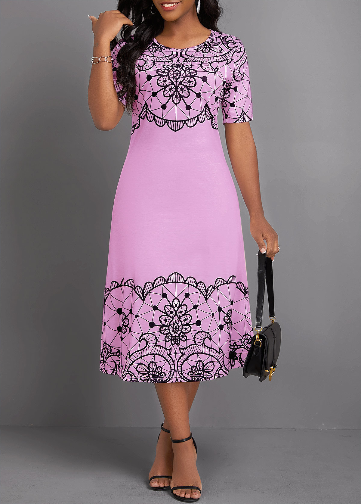 ROTITA Geometric Print Neon Pink Round Neck Short Sleeve Dress