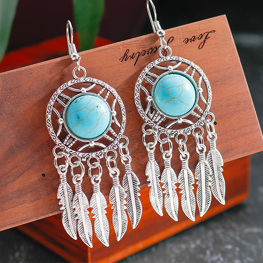 Mint Green jewelry,Leaf Tassel Hollow Mint Green Earrings