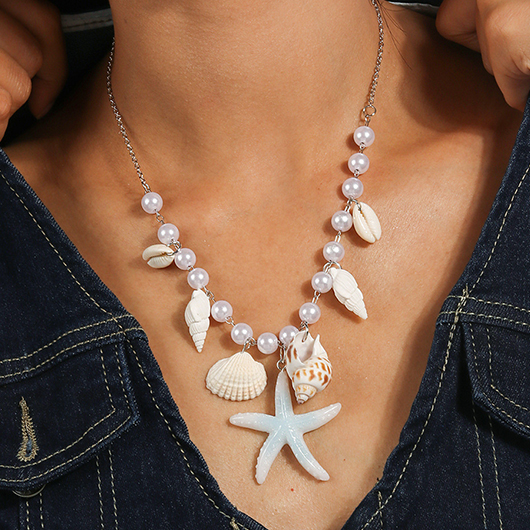 Shell Pearl Starfish Detail White Necklace