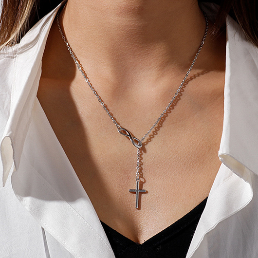 Silvery White jewelry,Cross Design Silvery White Alloy Necklace