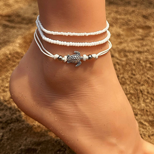 Animal Layered Patchwork Beaded White Anklets