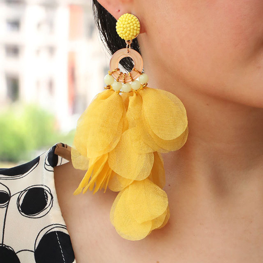 Yellow Patchwork Circular Ring Floral Beaded Earrings