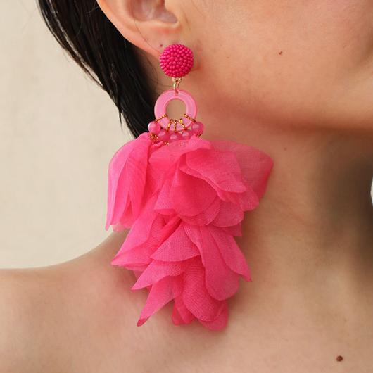 boucles d'oreilles en perles florales patchwork rouge rose fluo